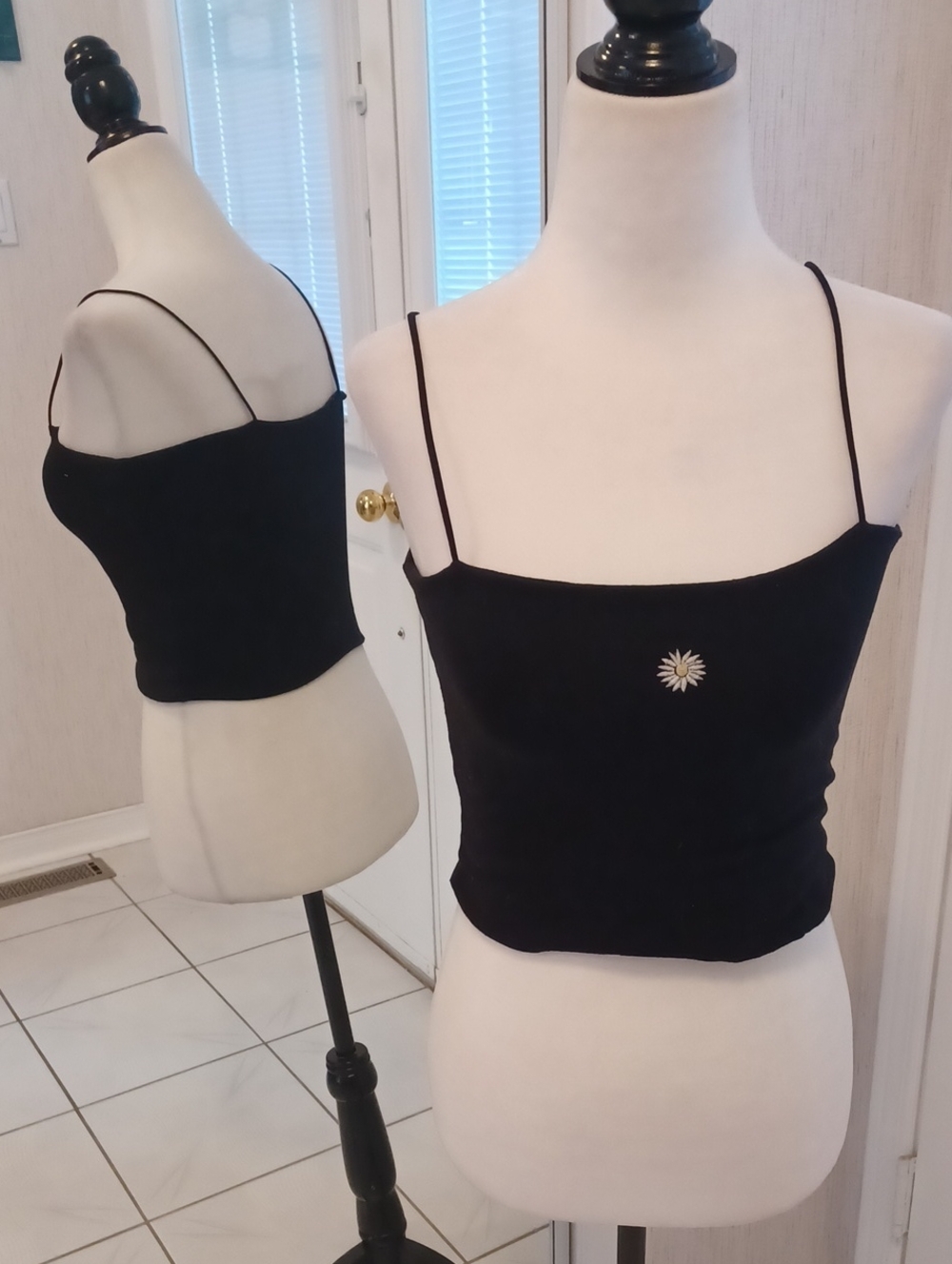 4/$60 Black Daisy-Embroidered Spaghetti Strap Crop Top - Size XS
